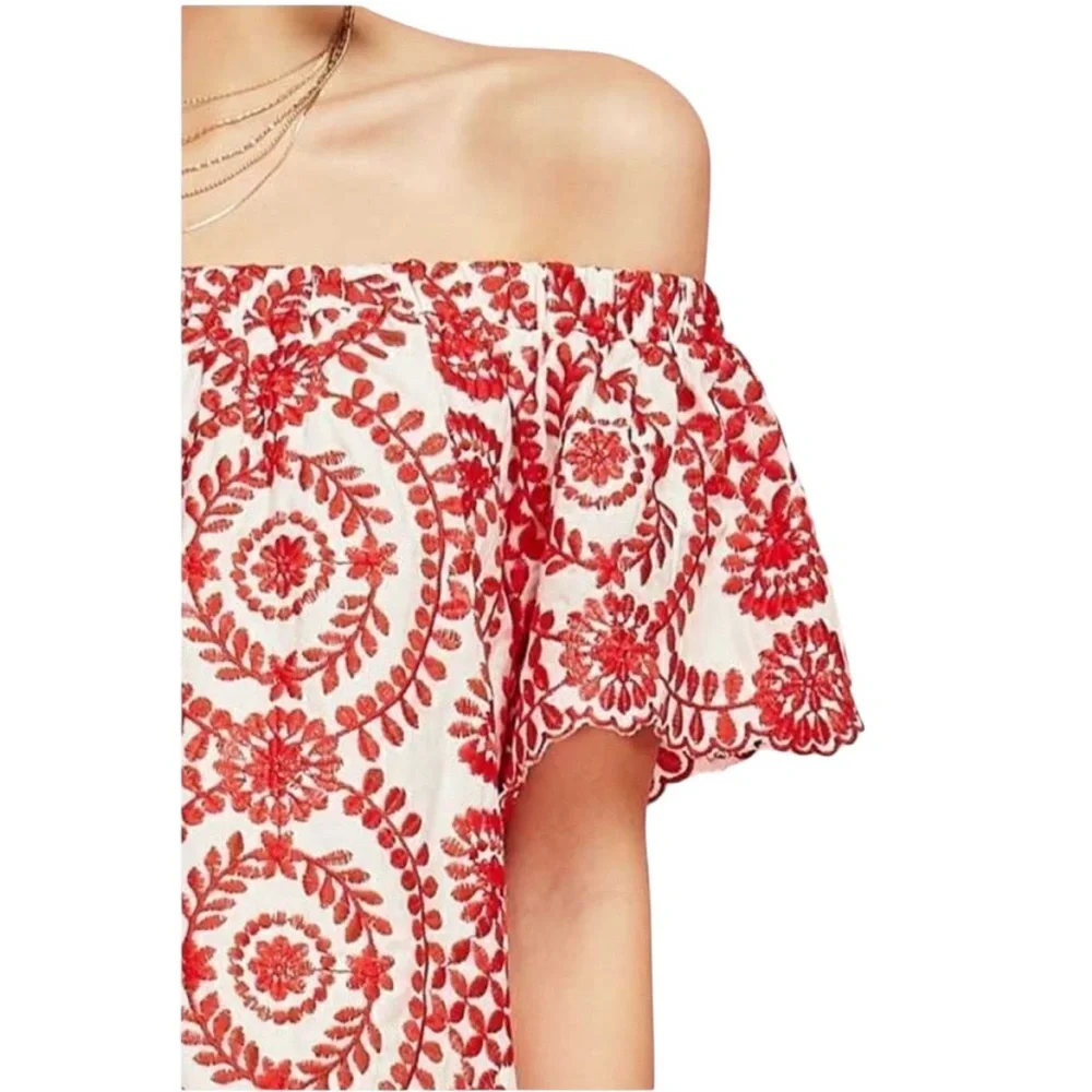 Entro red and white fully floral embroidered off the shoulder mini dress - Picture 3 of 14
